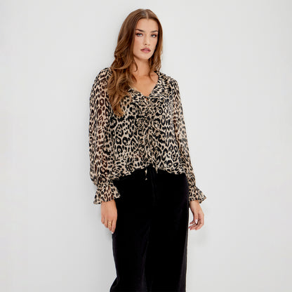 Janelle Natural Animal Chiffon Ruffle Tie-Front Blouse