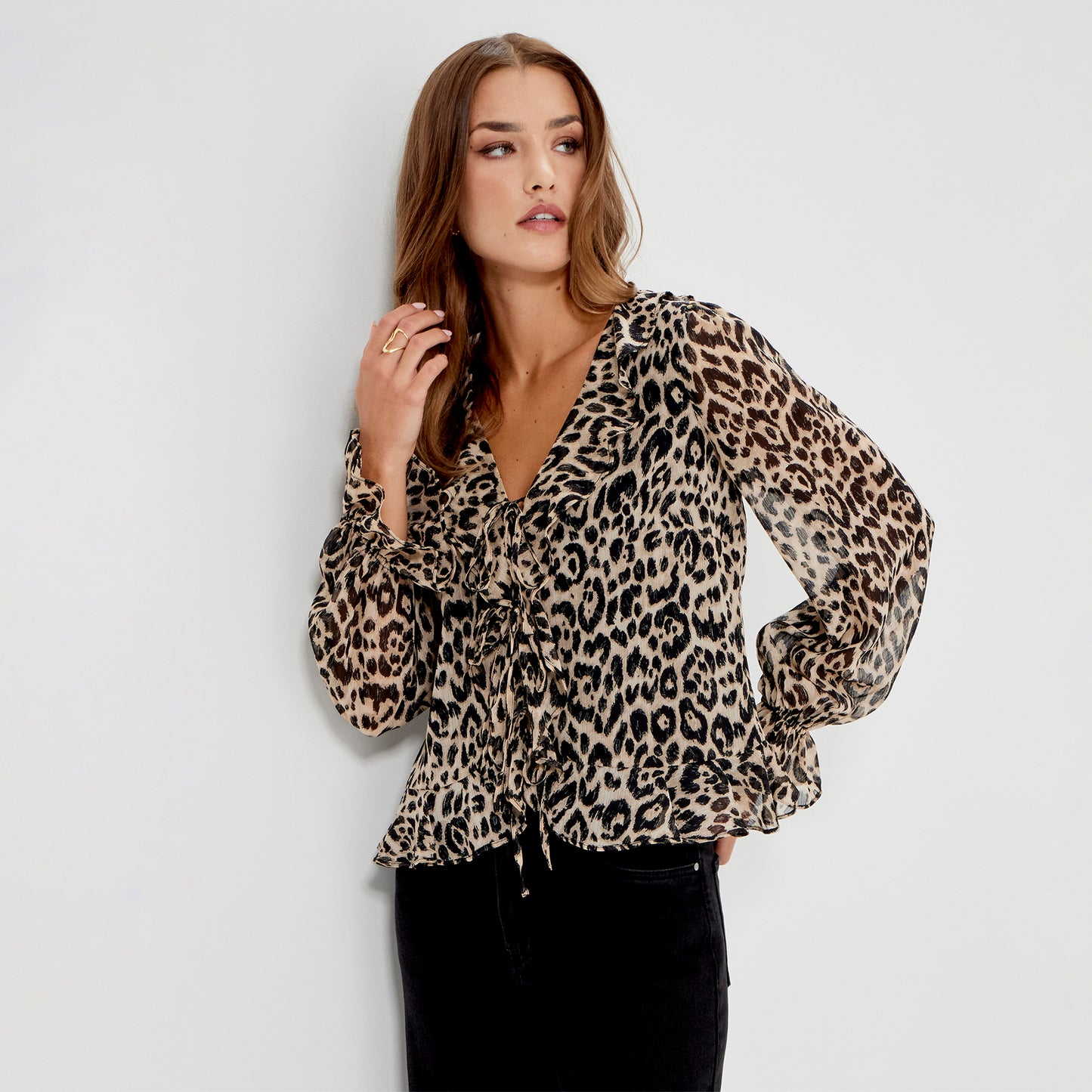 Janelle Natural Animal Chiffon Ruffle Tie-Front Blouse