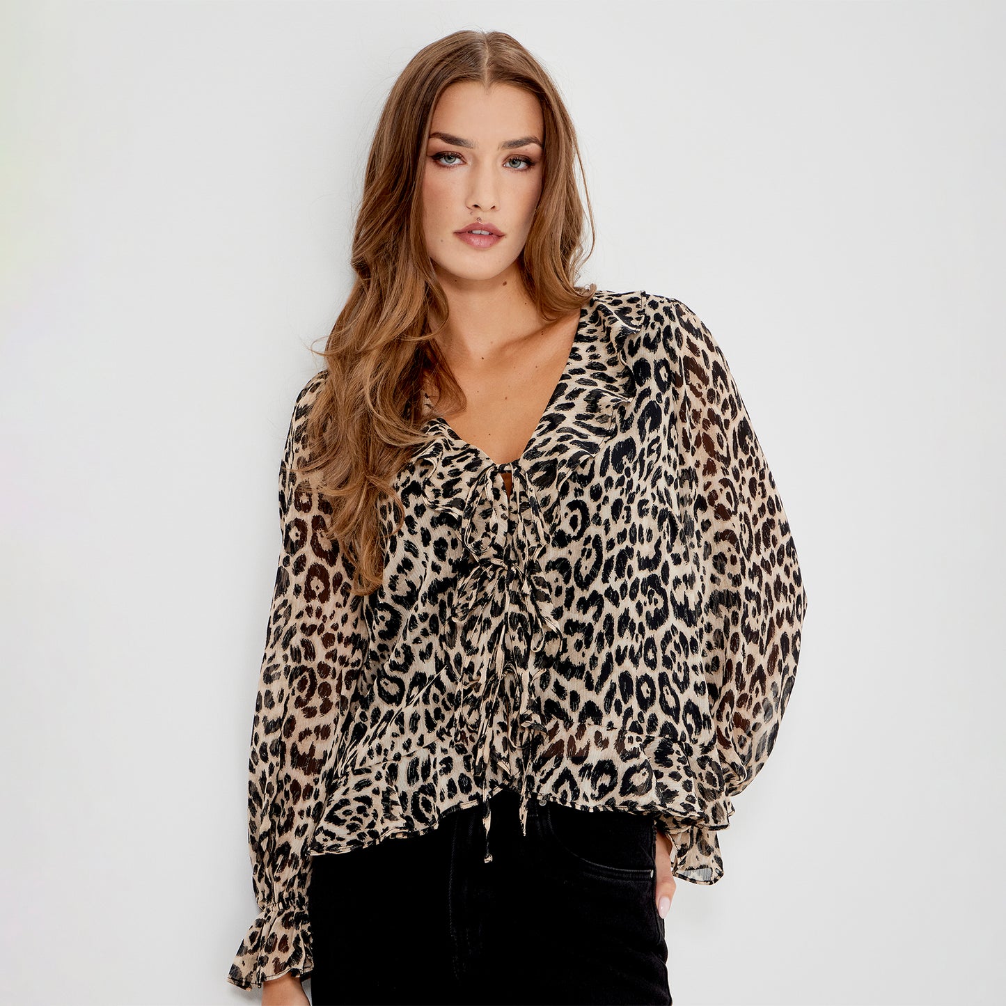 Janelle Natural Animal Chiffon Ruffle Tie-Front Blouse