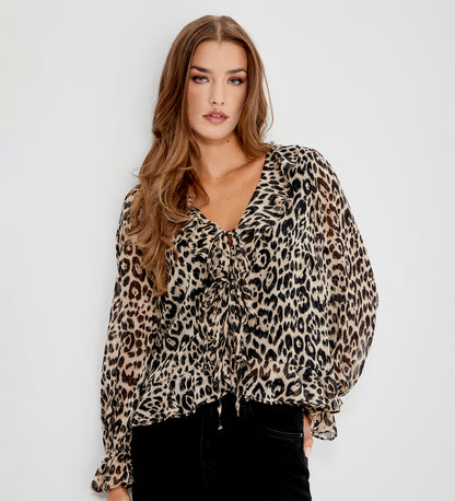 Janelle Natural Animal Chiffon Ruffle Tie-Front Blouse