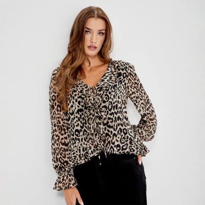 Janelle Natural Animal Chiffon Ruffle Tie-Front Blouse