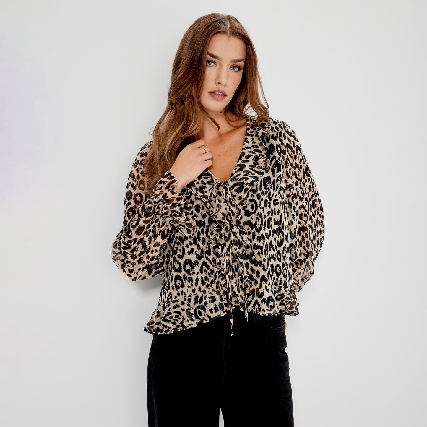 Janelle Natural Animal Chiffon Ruffle Tie-Front Blouse
