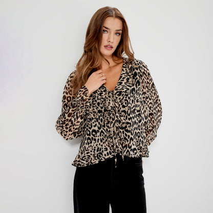Janelle Natural Animal Chiffon Ruffle Tie-Front Blouse