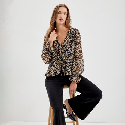 Janelle Natural Animal Chiffon Ruffle Tie-Front Blouse