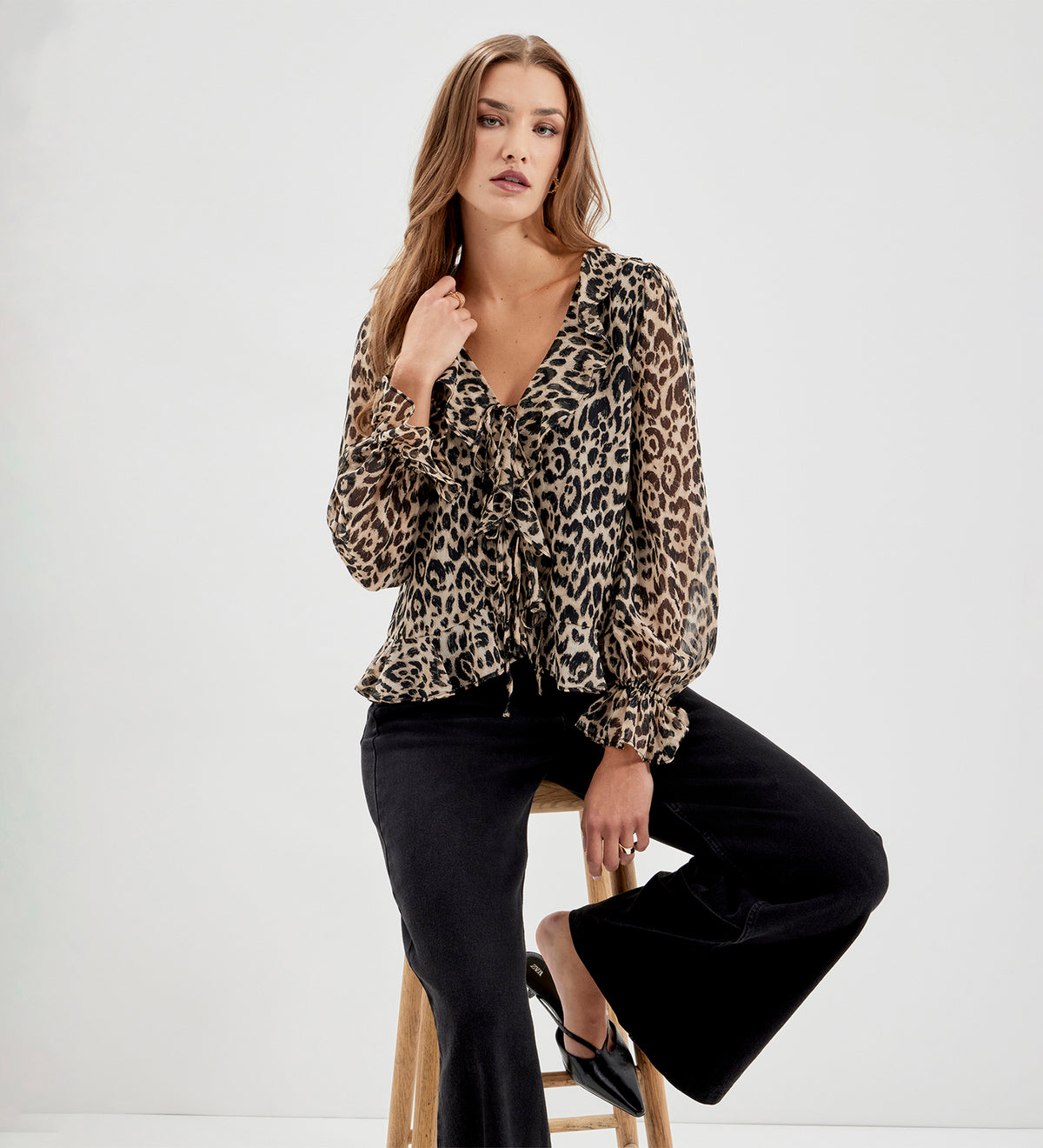 Janelle Natural Animal Chiffon Ruffle Tie-Front Blouse