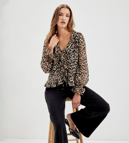 Janelle Natural Animal Chiffon Ruffle Tie-Front Blouse