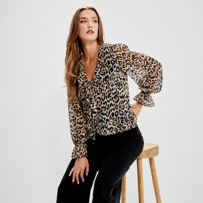Janelle Natural Animal Chiffon Ruffle Tie-Front Blouse