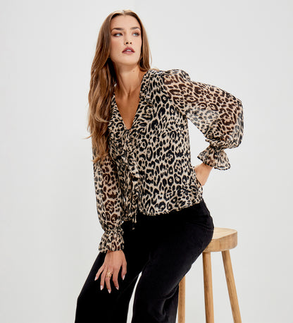 Janelle Natural Animal Chiffon Ruffle Tie-Front Blouse