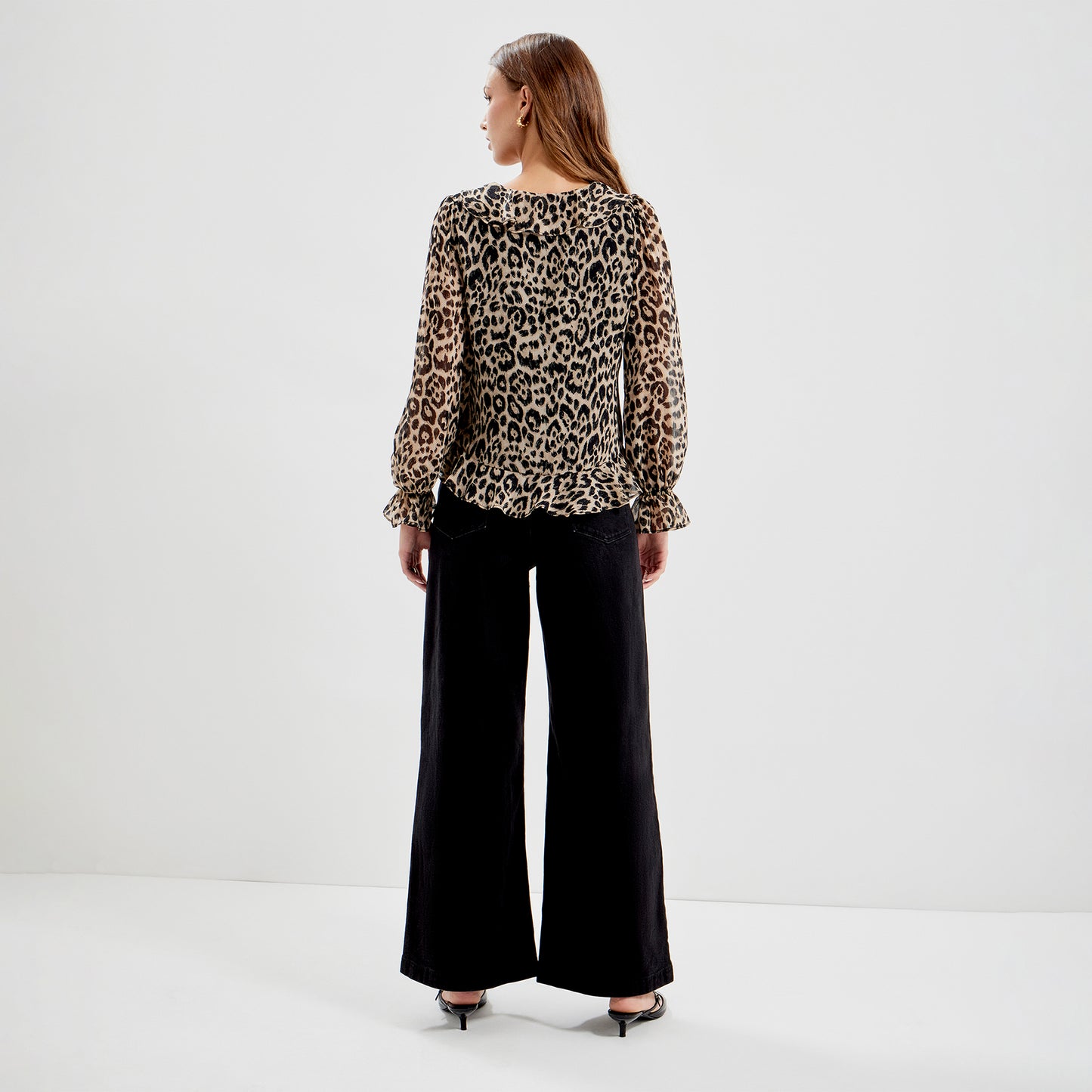 Janelle Natural Animal Chiffon Ruffle Tie-Front Blouse