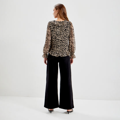 Janelle Natural Animal Chiffon Ruffle Tie-Front Blouse