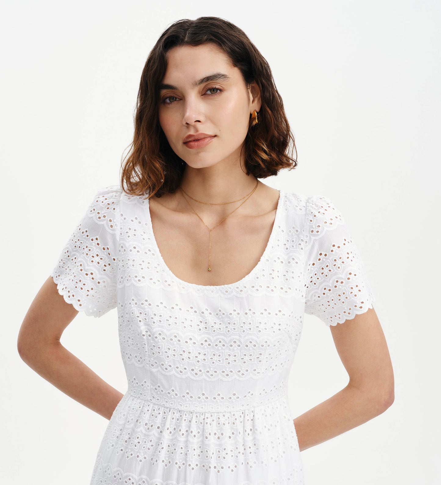 Jemma White Cotton Broderie Square Neck Tiered Midi Dress