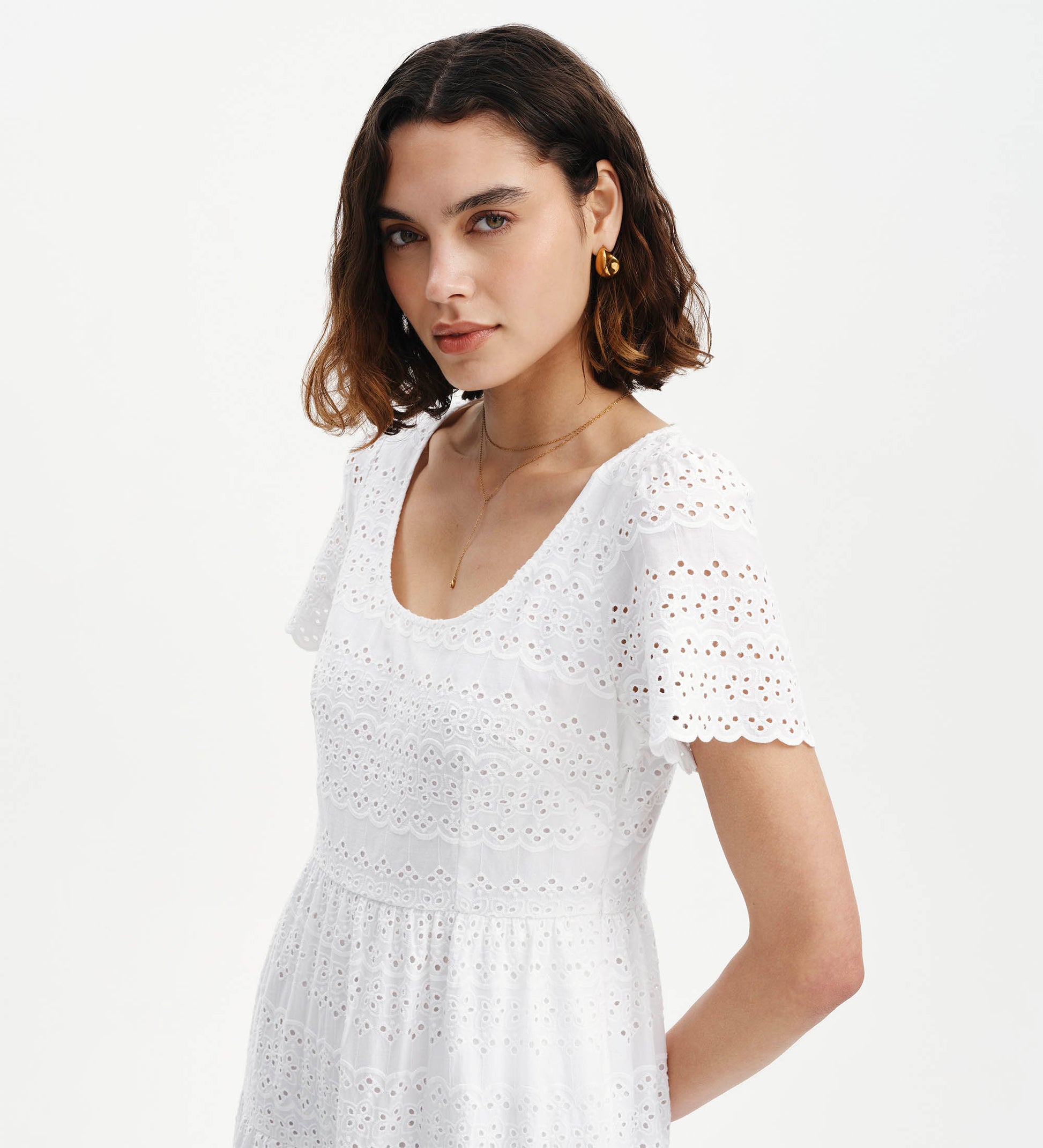 Jemma White Cotton Broderie Square Neck Tiered Midi Dress