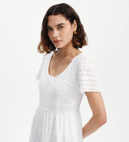 Jemma White Cotton Broderie Square Neck Tiered Midi Dress