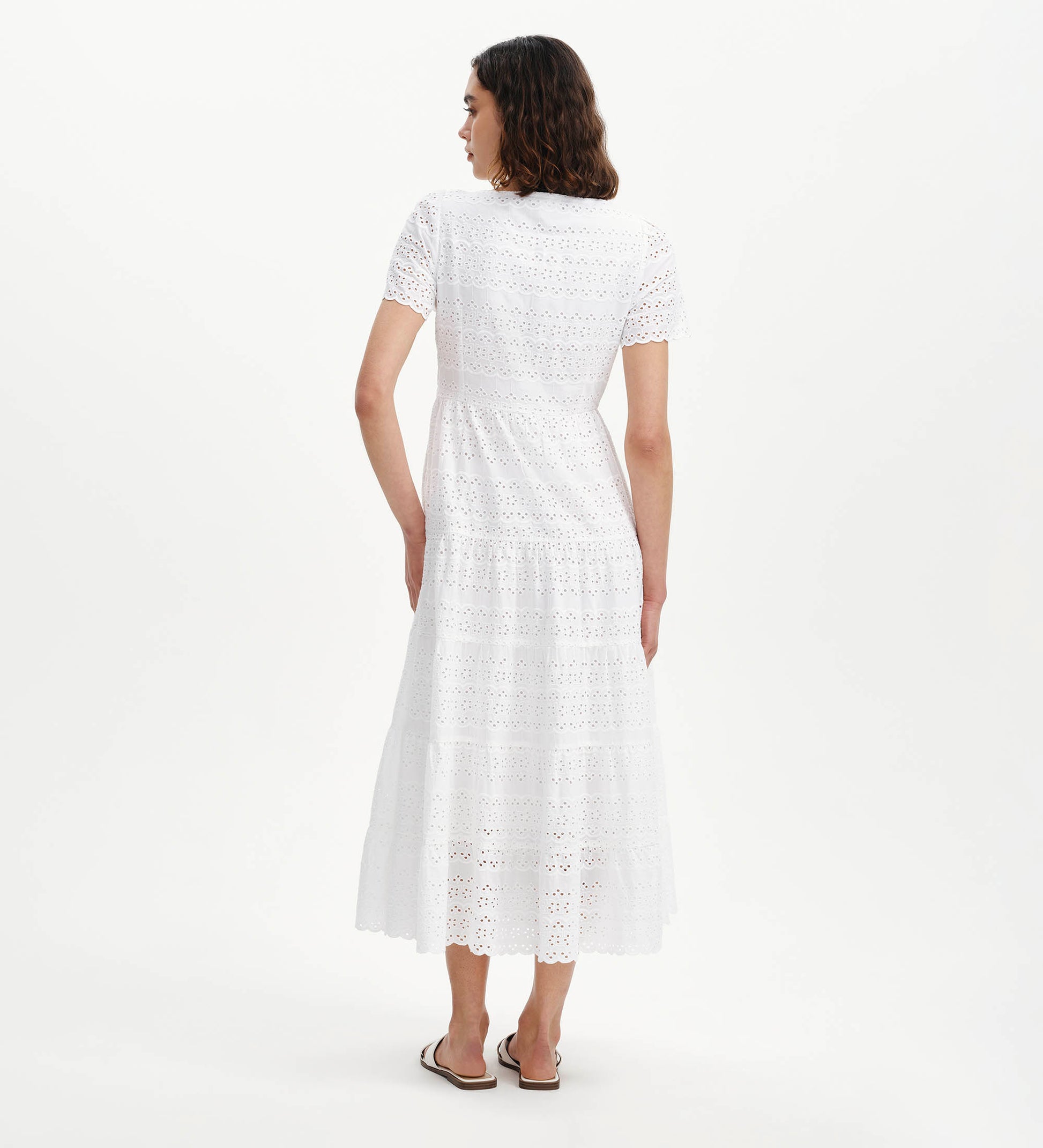 Jemma White Cotton Broderie Square Neck Tiered Midi Dress