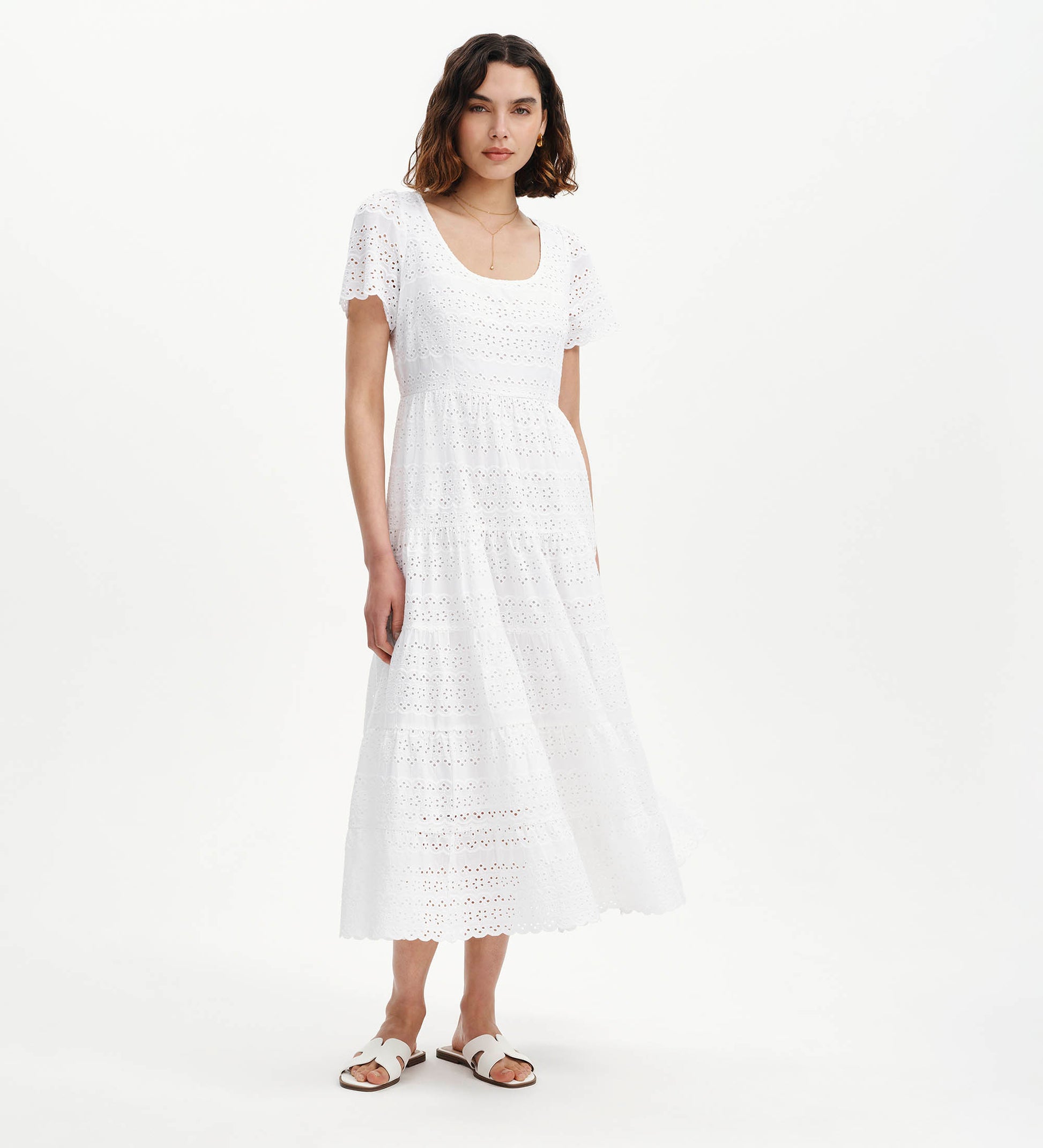 Jemma White Cotton Broderie Square Neck Tiered Midi Dress