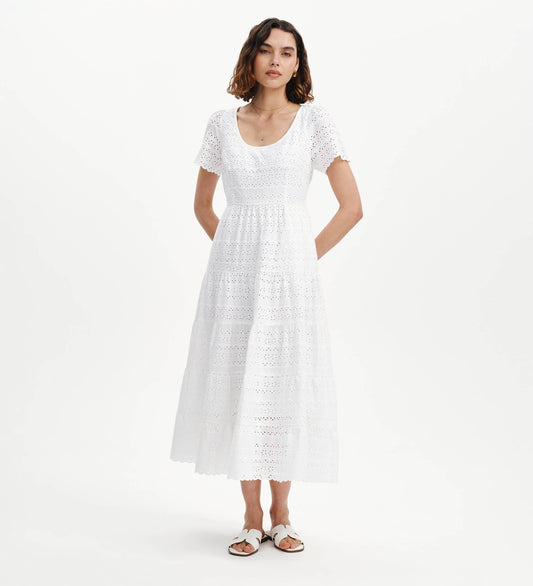 Jemma White Cottom Broderie Square Neck Tiered Midi Dress