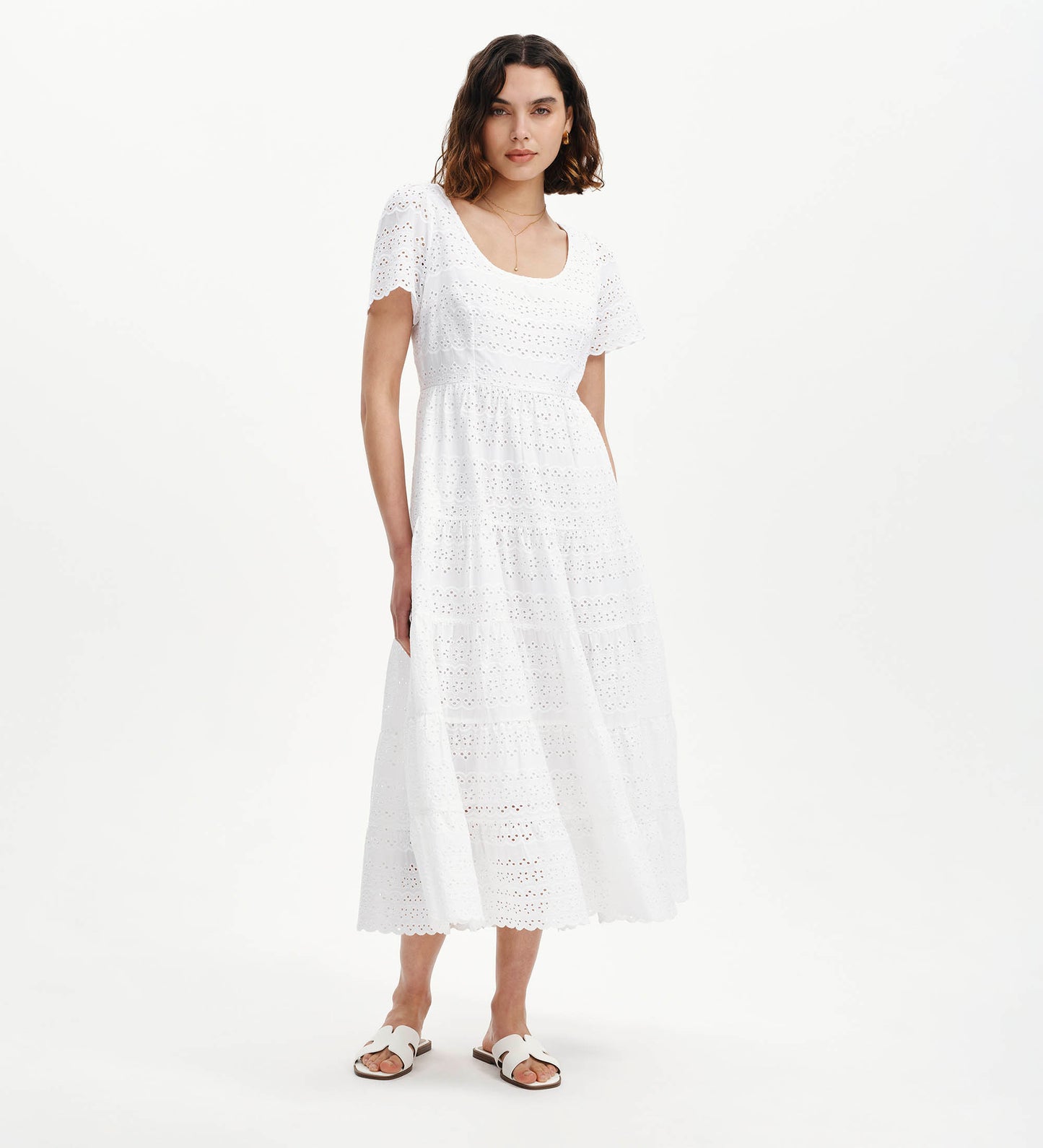 Jemma White Cotton Broderie Square Neck Tiered Midi Dress