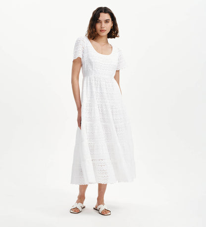 Jemma White Cotton Broderie Square Neck Tiered Midi Dress