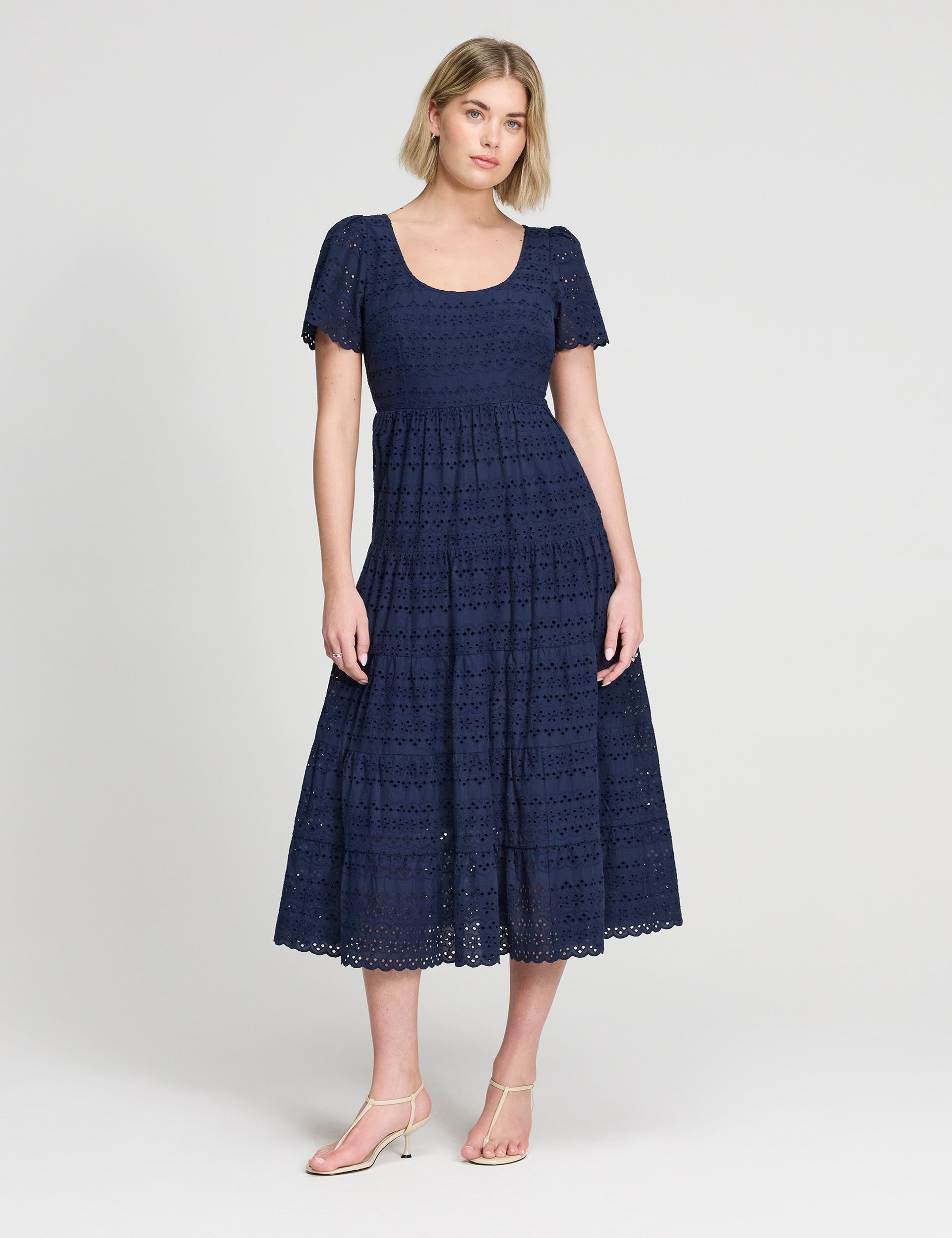 Jemma Navy Cotton Broderie Square Neck Tiered Midi Dress