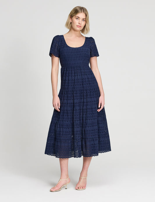 Jemma Navy Cotton Broderie Square Neck Tiered Midi Dress