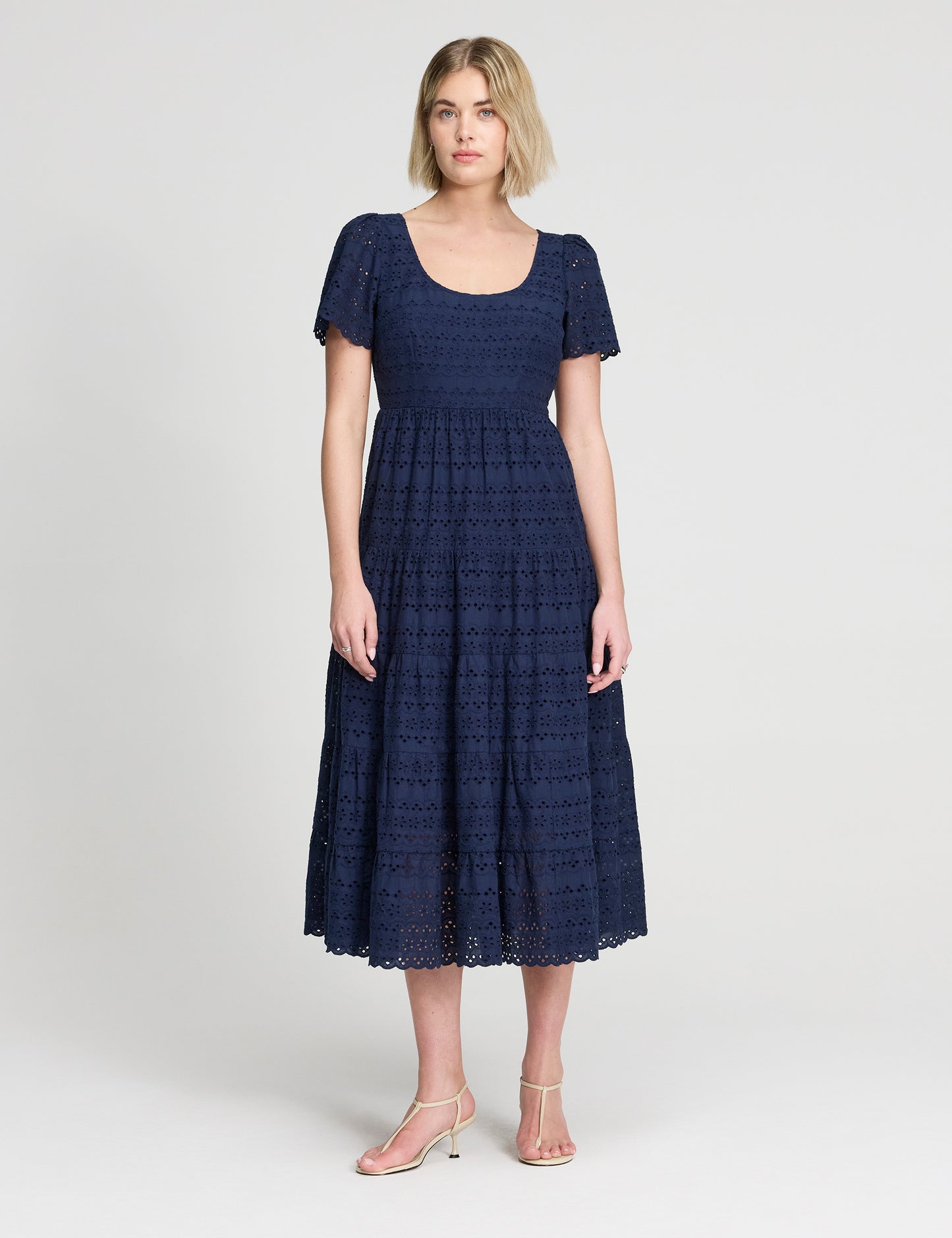 Jemma Navy Cotton Broderie Square Neck Tiered Midi Dress