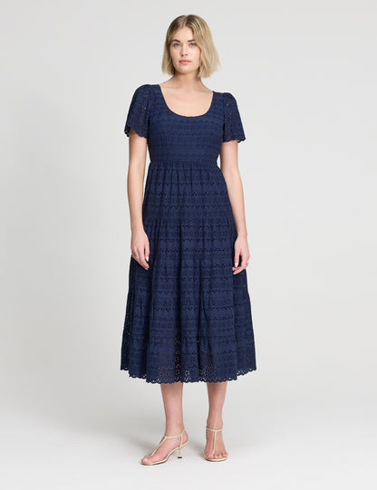 Jemma Navy Cotton Broderie Square Neck Tiered Midi Dress