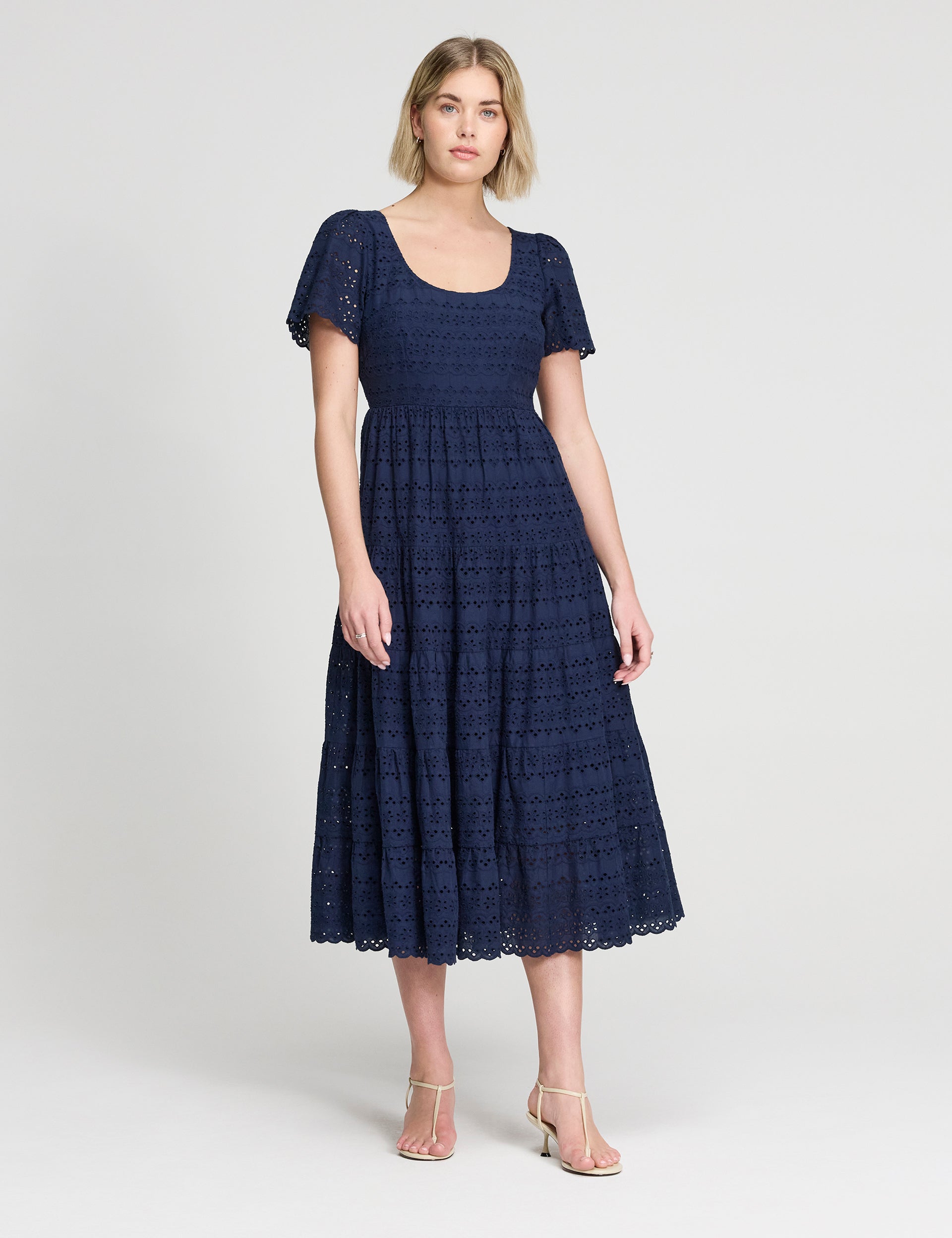Jemma Navy Cotton Broderie Tiered Midi Dress | Finery London