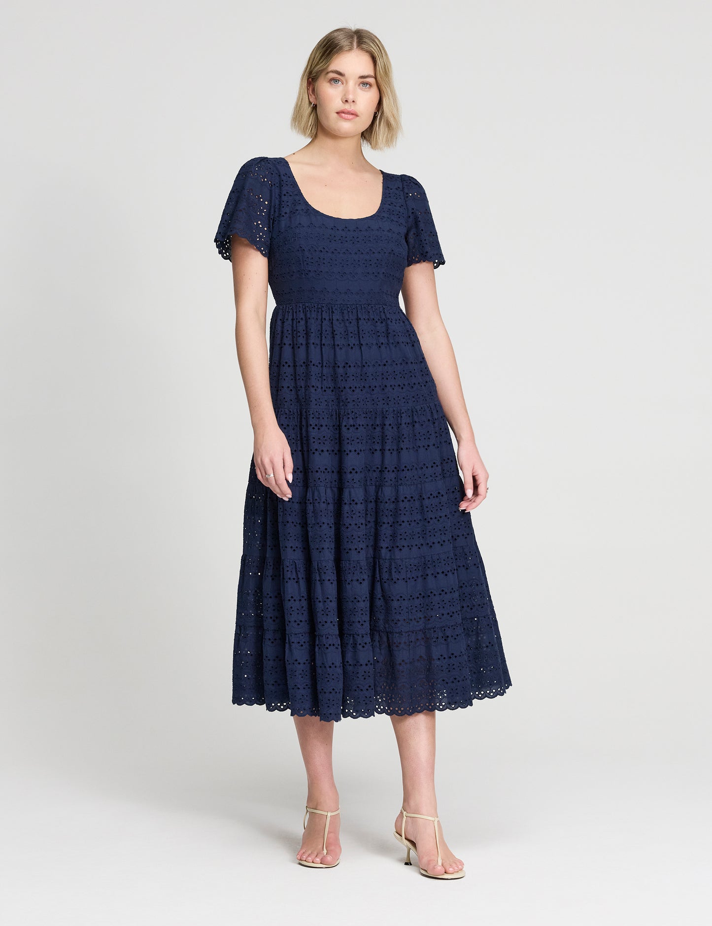 Jemma Navy Cotton Broderie Square Neck Tiered Midi Dress