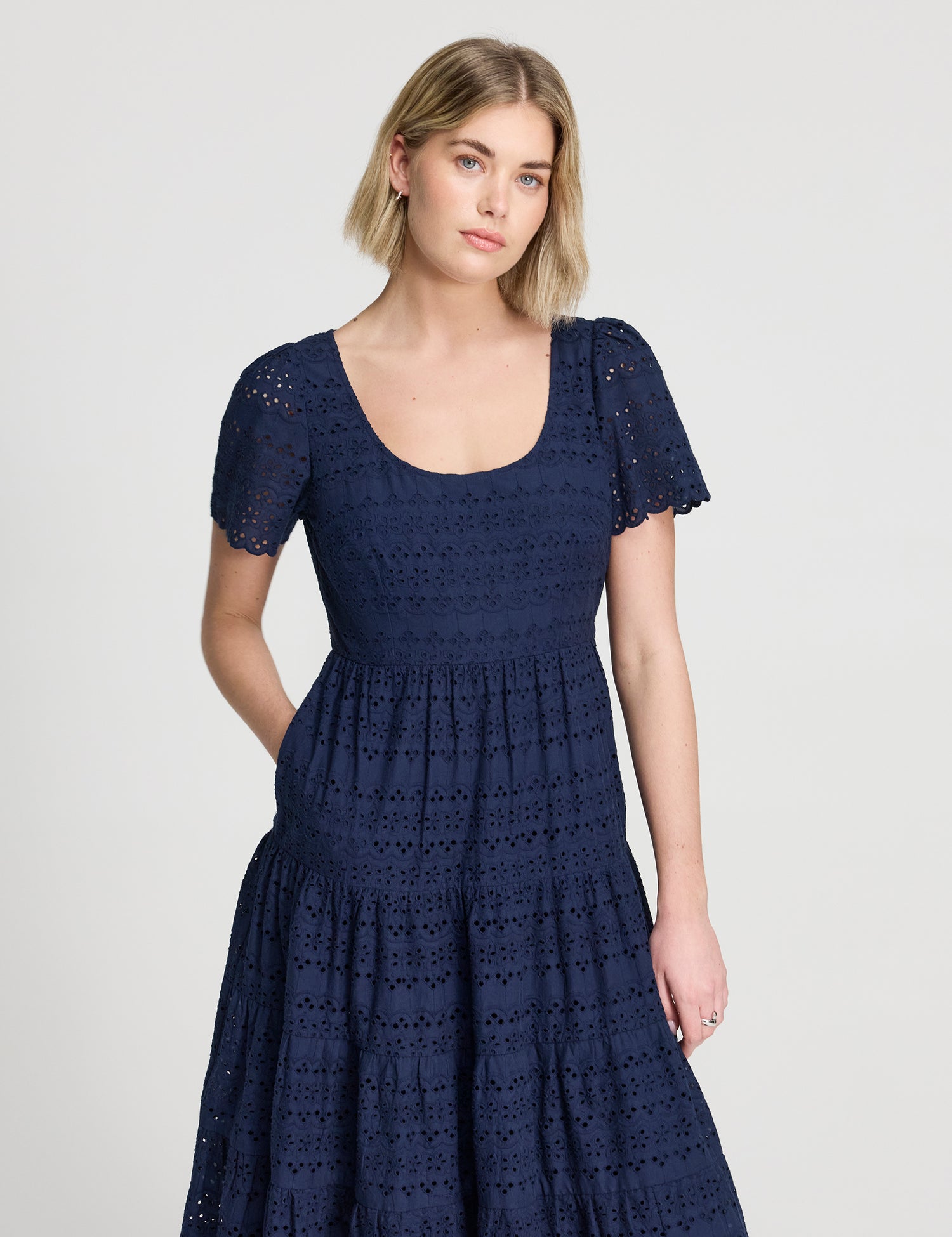 Jemma Navy Cotton Broderie Square Neck Tiered Midi Dress