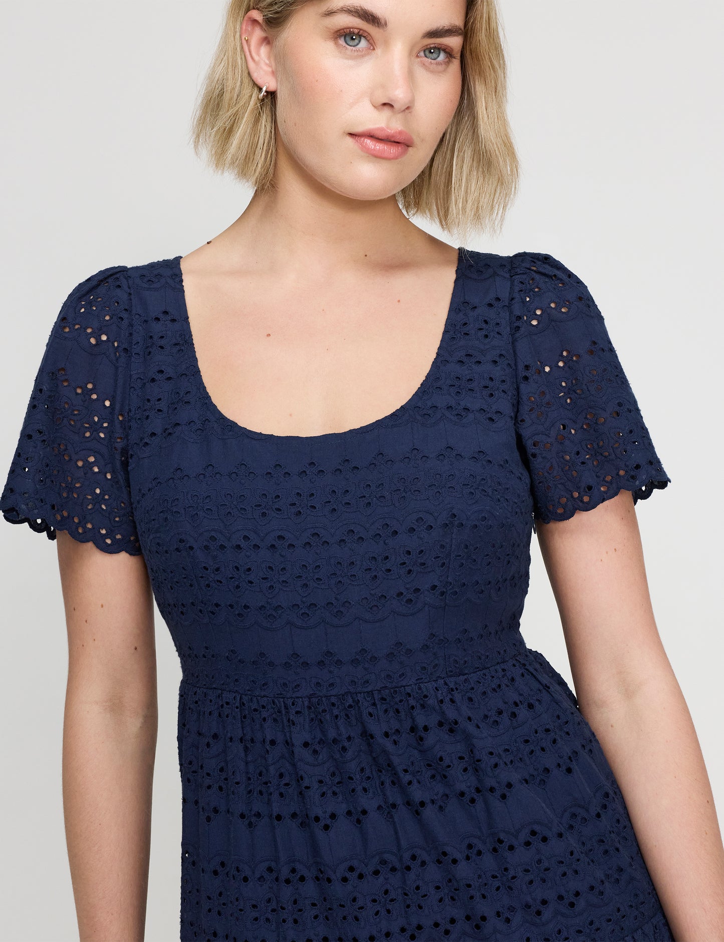 Jemma Navy Cotton Broderie Square Neck Tiered Midi Dress