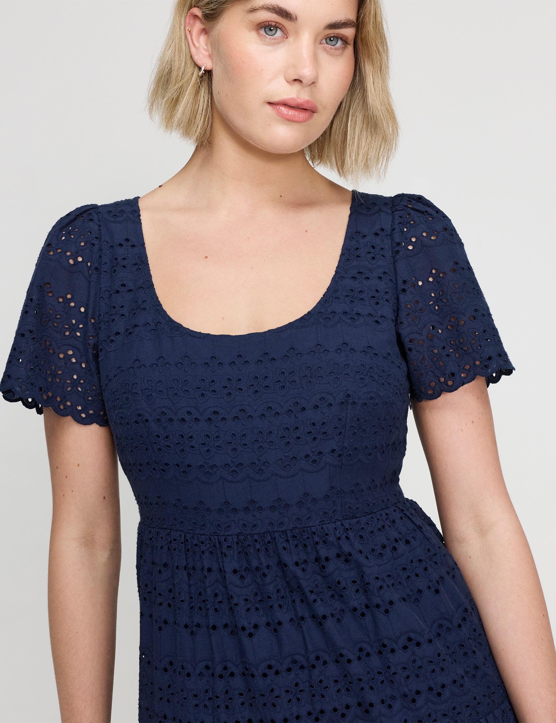 Jemma Navy Cotton Broderie Square Neck Tiered Midi Dress