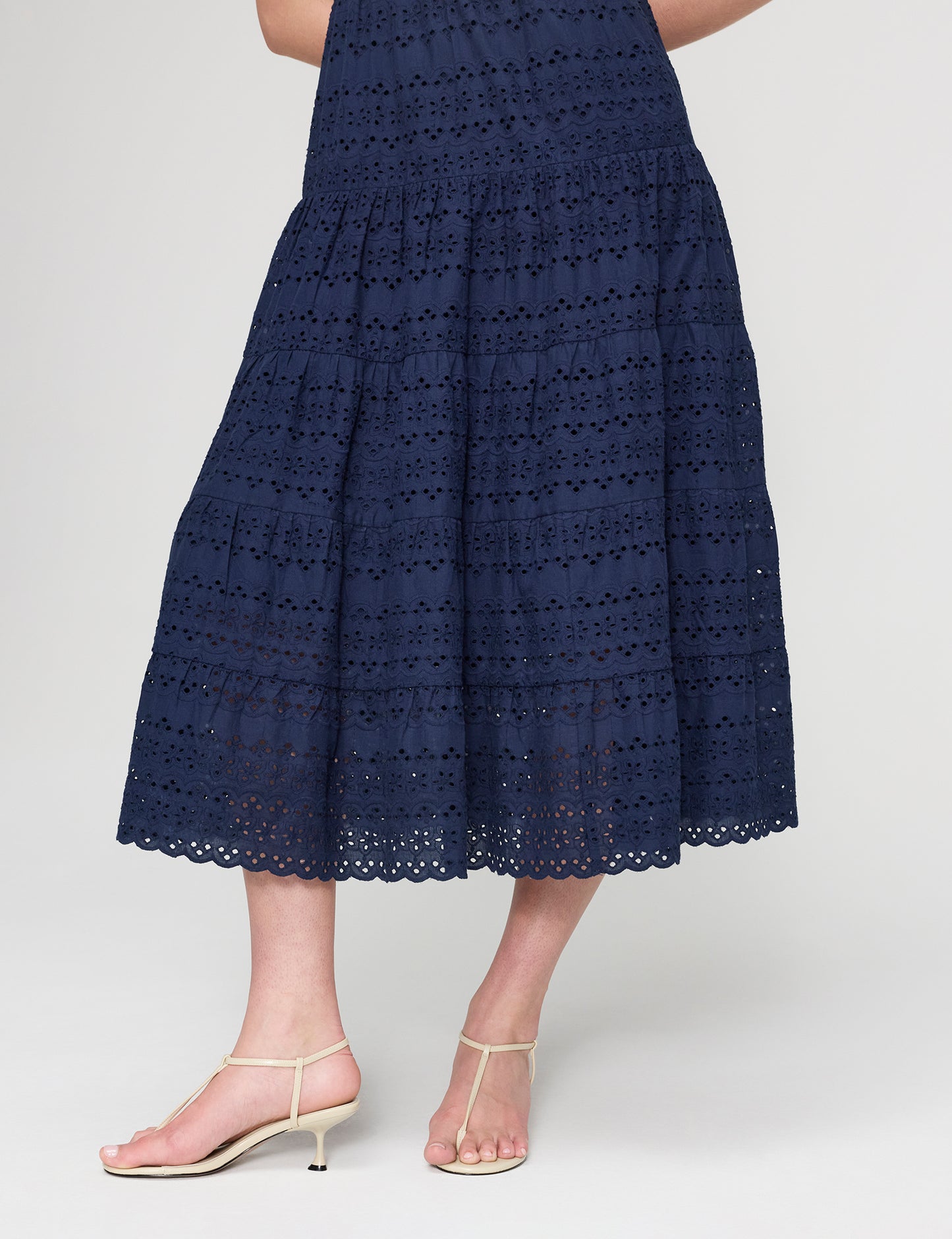 Jemma Navy Cotton Broderie Square Neck Tiered Midi Dress