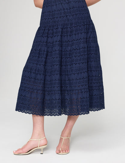 Jemma Navy Cotton Broderie Square Neck Tiered Midi Dress