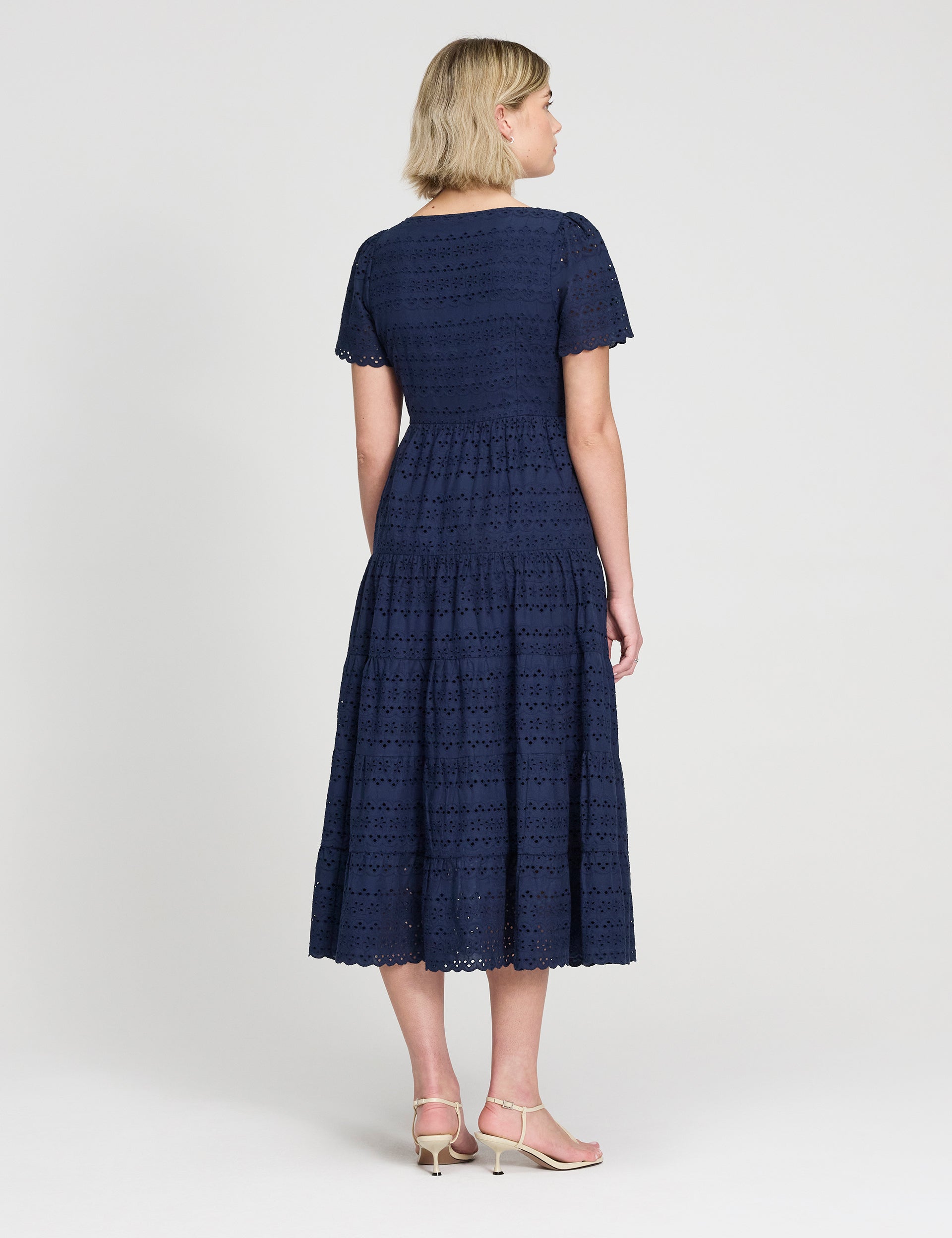 Jemma Navy Cotton Broderie Square Neck Tiered Midi Dress