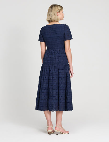 Jemma Navy Cotton Broderie Square Neck Tiered Midi Dress