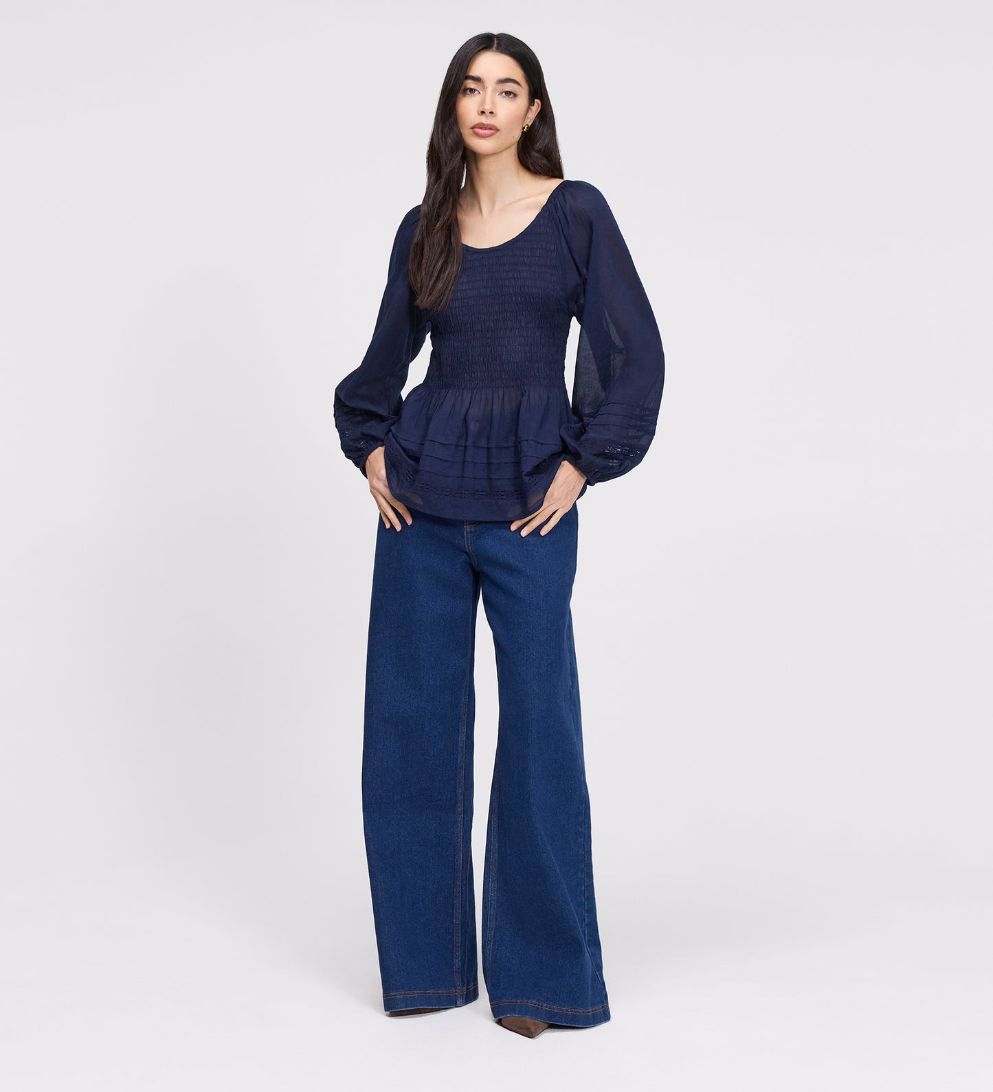 Jennie Navy Cotton Lace Blouson Sleeve Top