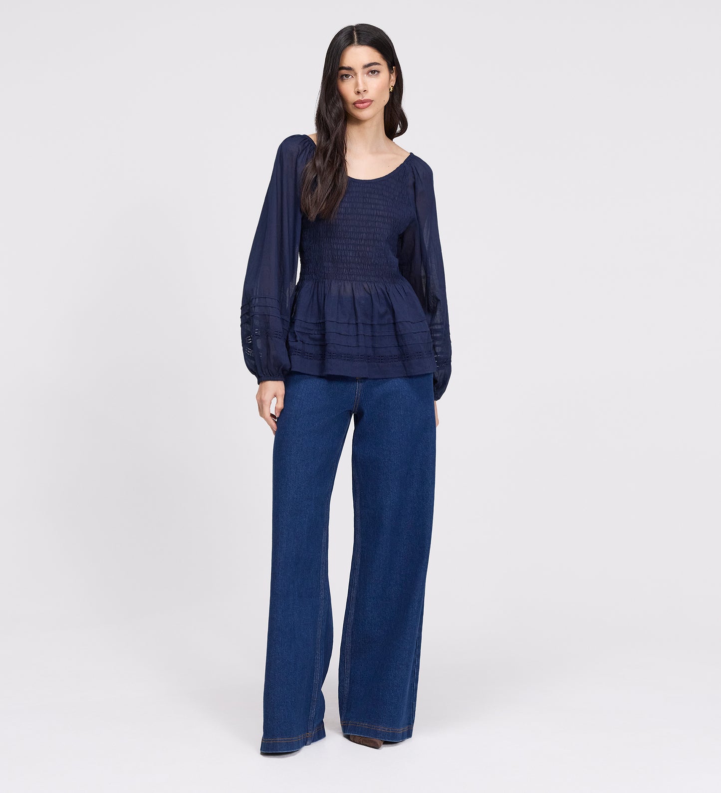 Jennie Navy Cotton Lace Blouson Sleeve Top