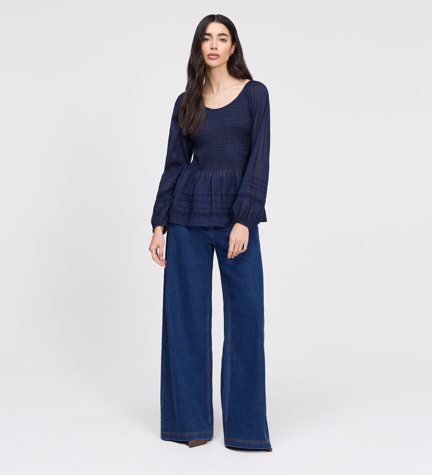 Jennie Navy Cotton Lace Blouson Sleeve Top