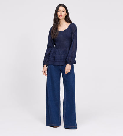 Jennie Navy Cotton Lace Blouson Sleeve Top