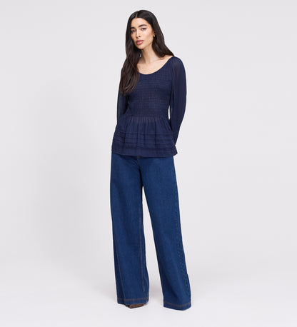Jennie Navy Cotton Lace Blouson Sleeve Top