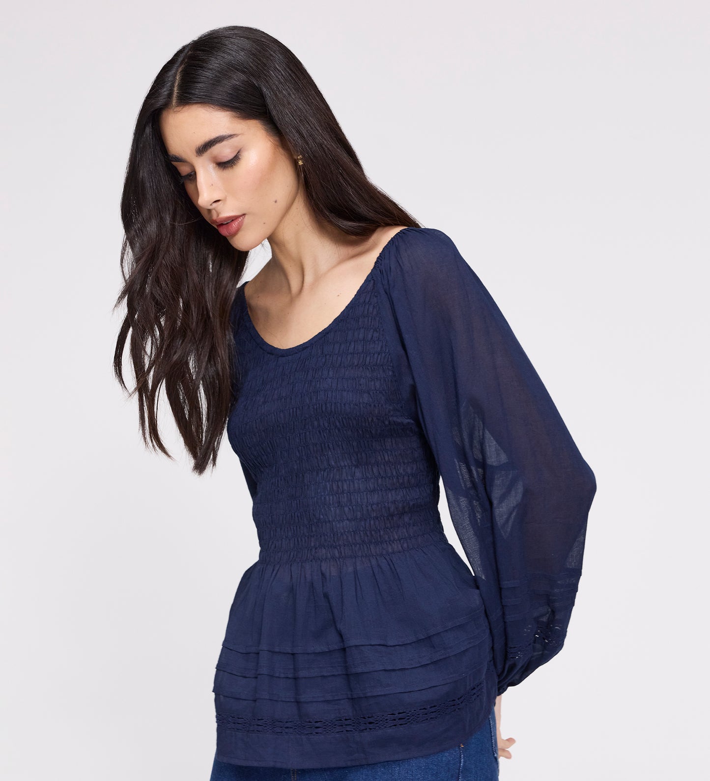 Jennie Navy Cotton Lace Blouson Sleeve Top