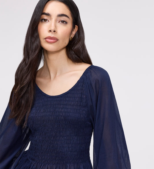 Jennie Navy Cotton Lace Blouson Sleeve Top