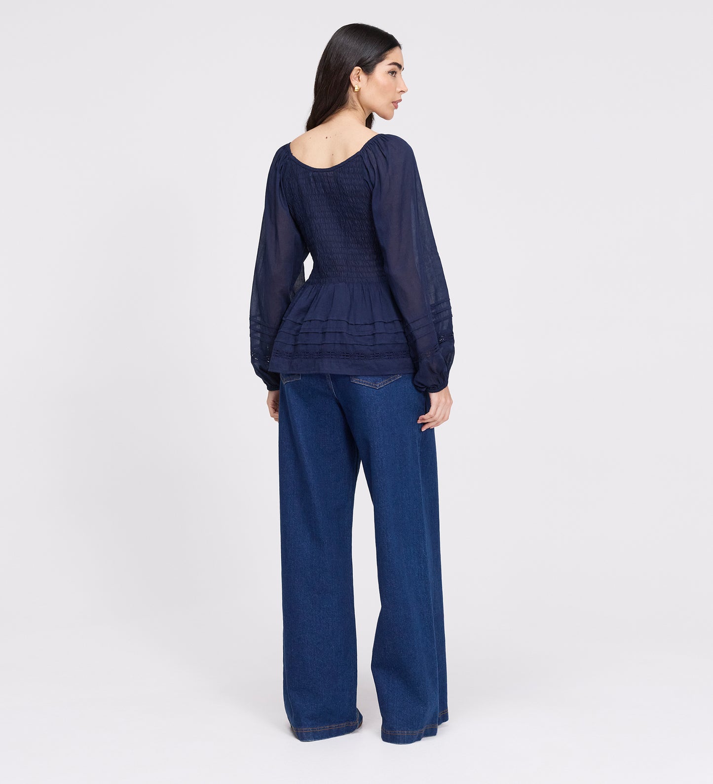 Jennie Navy Cotton Lace Blouson Sleeve Top