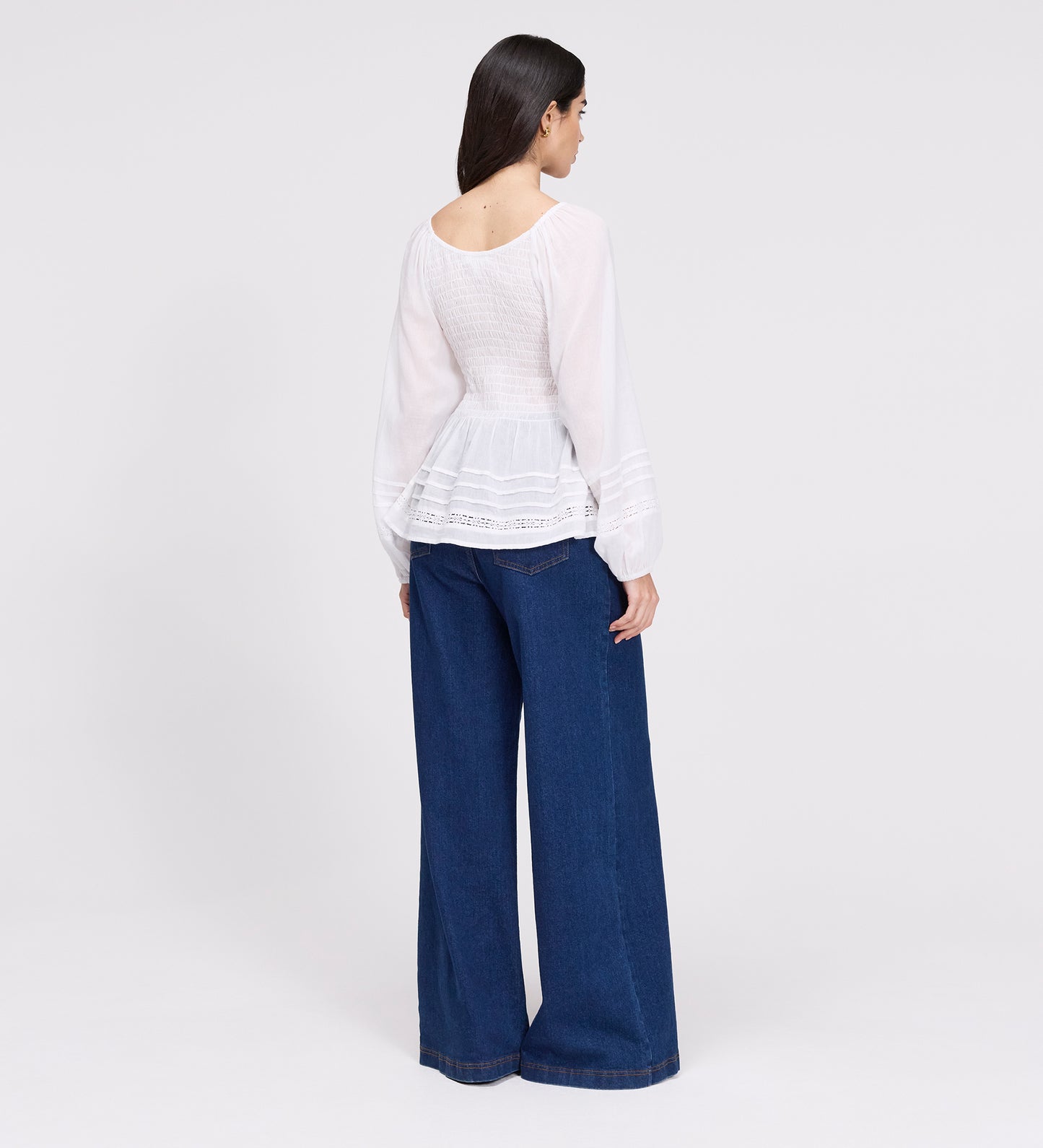 Jennie White Cotton Lace Blouson Sleeves Top
