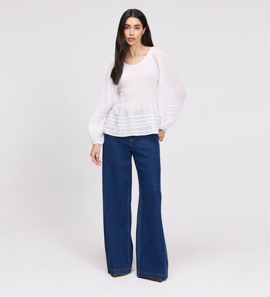 Jennie White Cotton Lace Blouson Sleeves Top