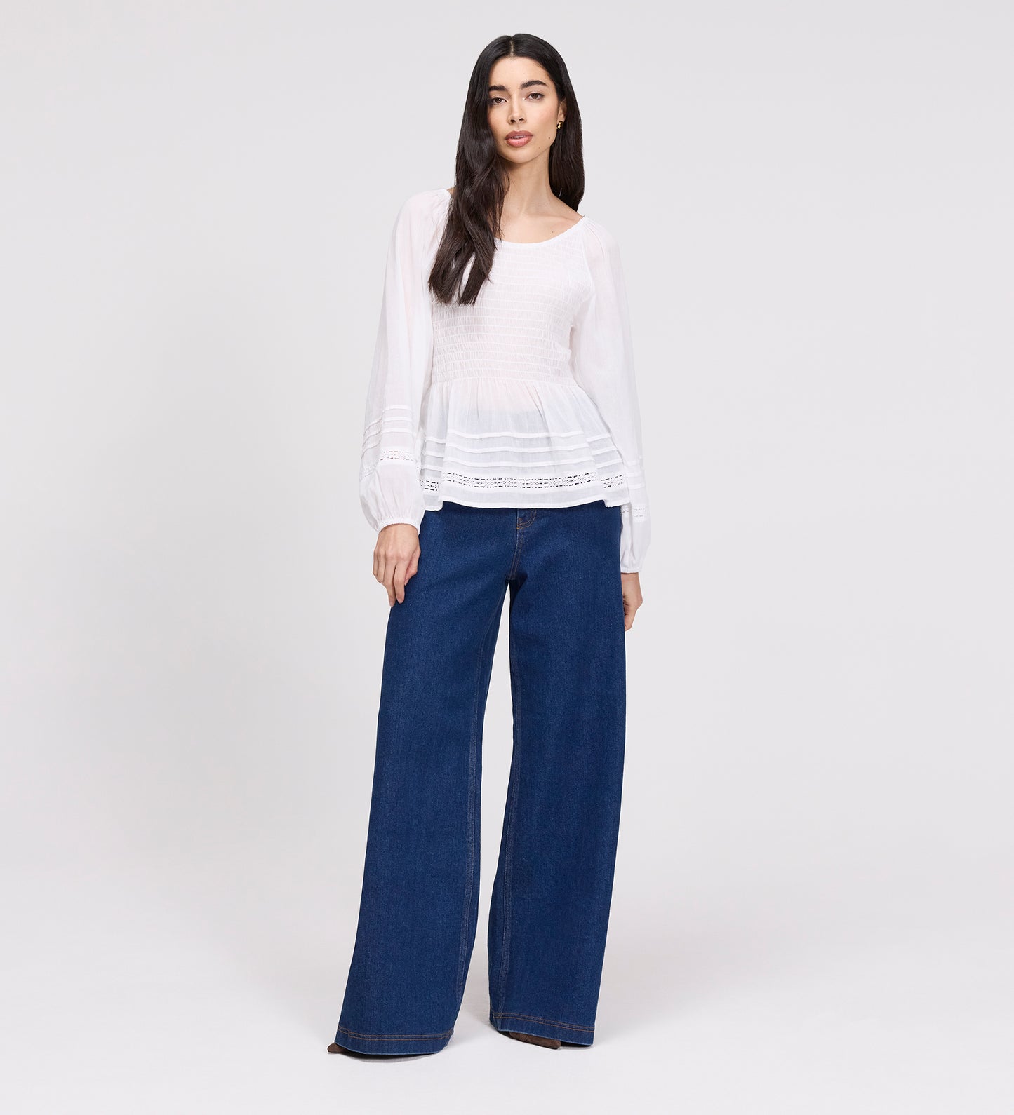 Jennie White Cotton Lace Blouson Sleeves Top