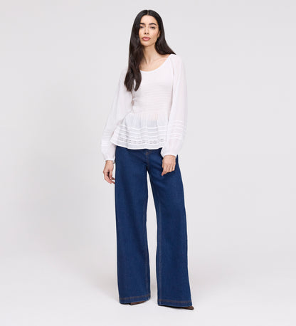 Jennie White Cotton Lace Blouson Sleeves Top