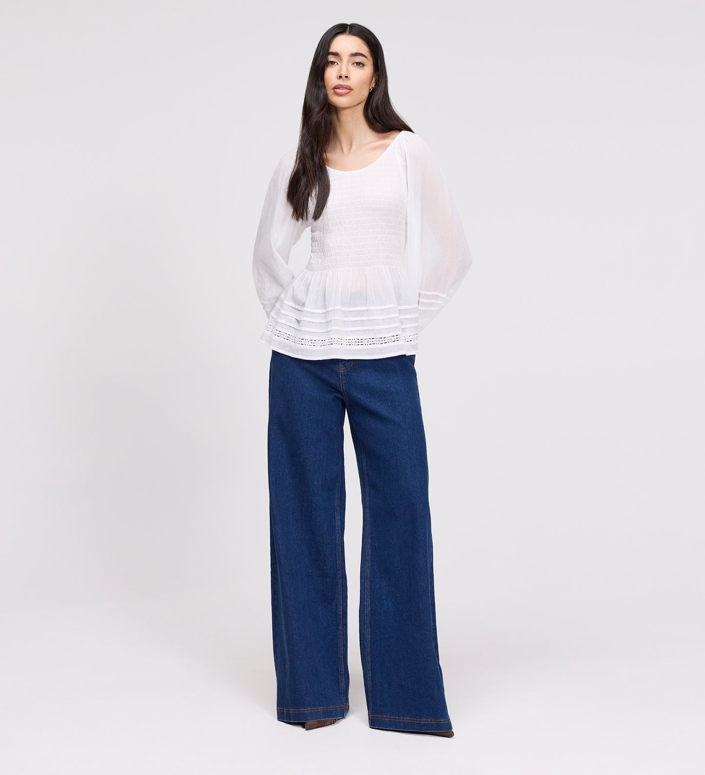 Jennie White Cotton Lace Blouson Sleeves Top