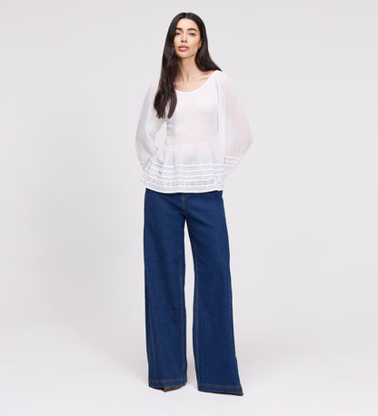 Jennie White Cotton Lace Blouson Sleeves Top