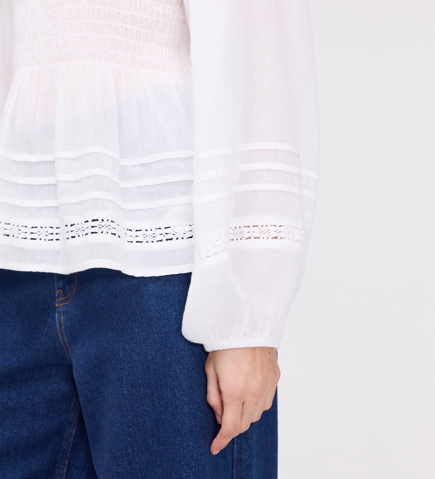 Jennie White Cotton Lace Blouson Sleeves Top